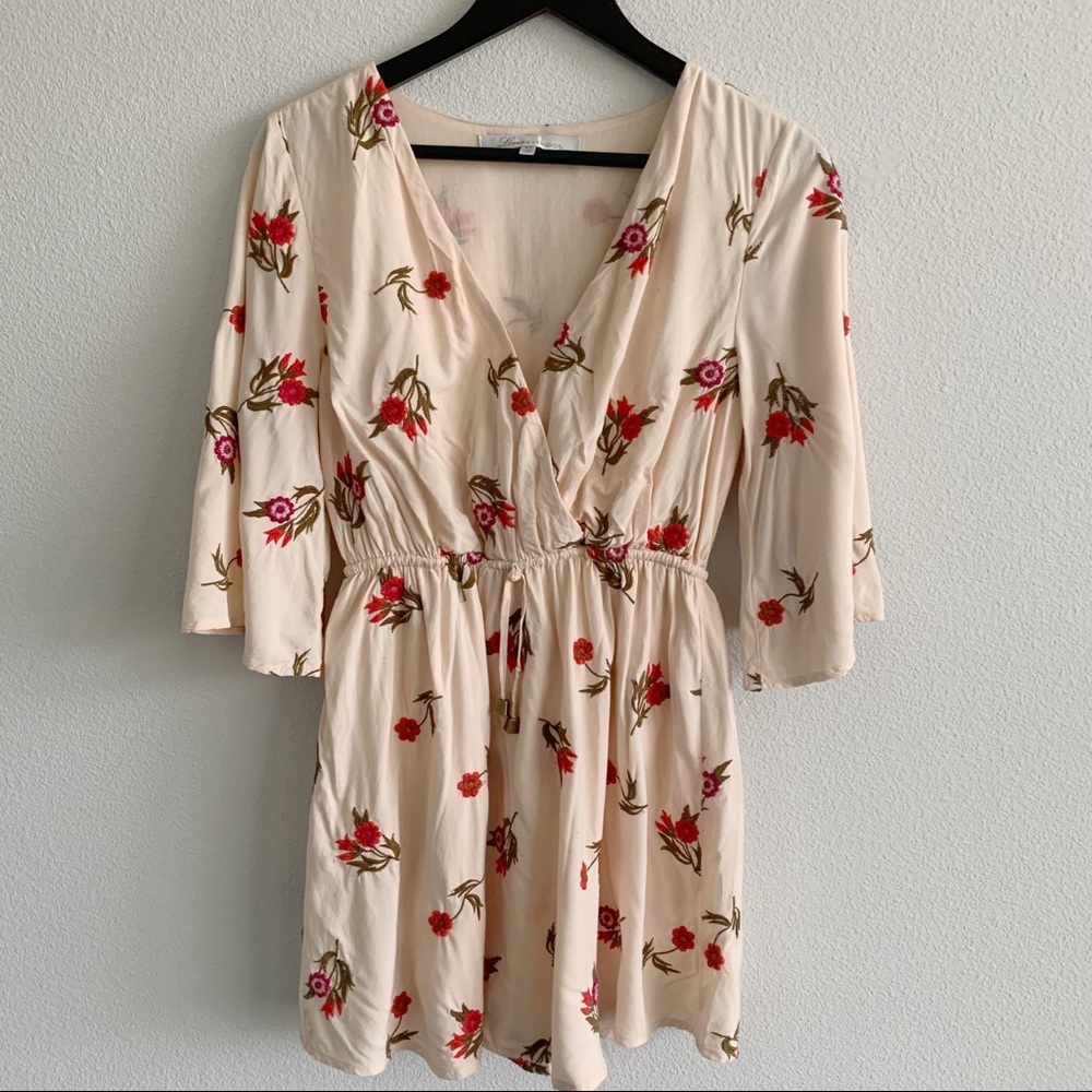 Lovers + Friends Embroidered Floral Mini Dress Flowy Sleeves Elastic Waistband